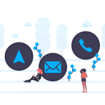 illustration de personnes et symboles de communication (email, téléphone...)