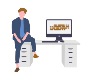 illustration homme assis sur un bureau à côté d'un ordinateur