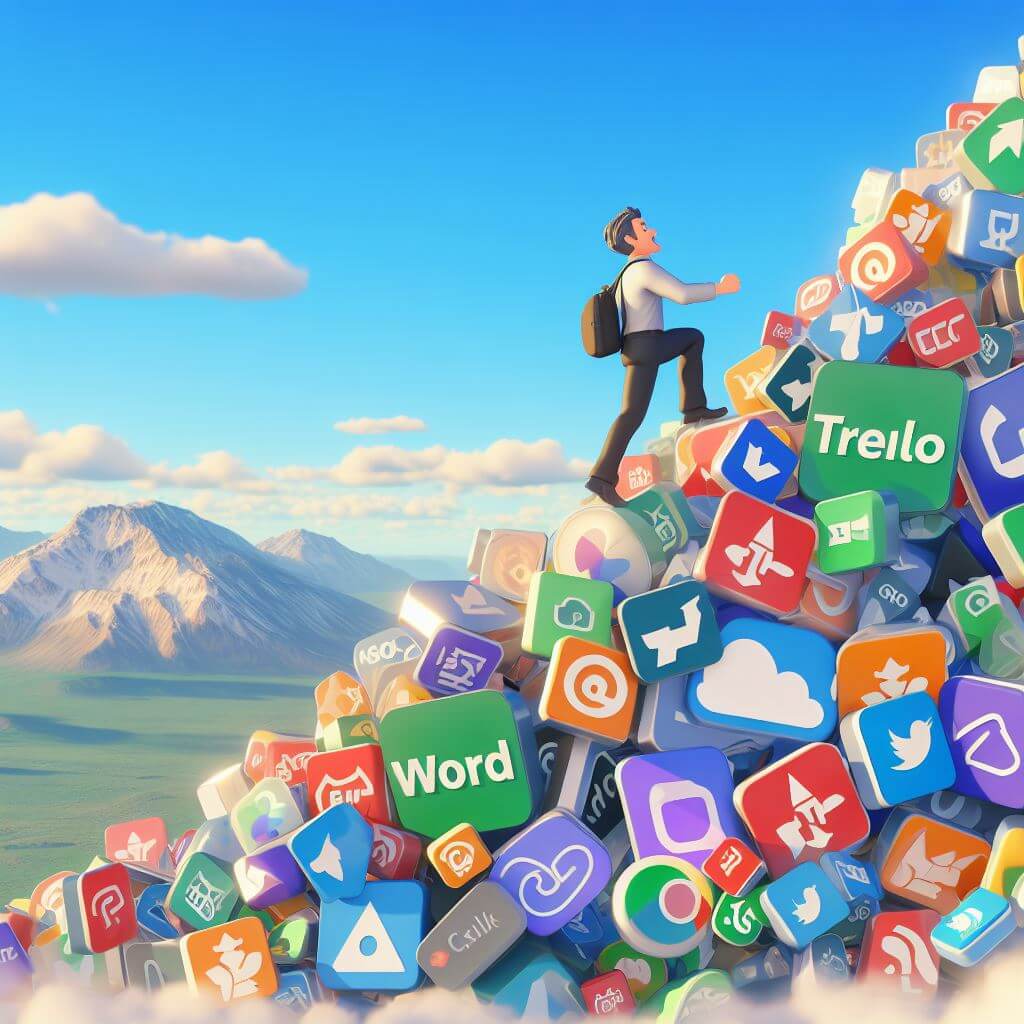 illustration d'un homme grimpant une montagne de logos informatiques
