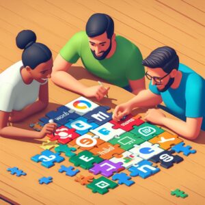 2 hommes et une femme font un puzzle de logos informatiques