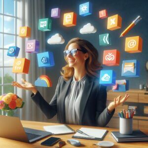 Illustration d'une femme heureuse assise à son bureau devant son laptop et jonglant avec des logos informatiques
