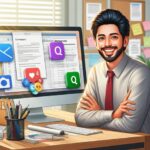Illustration d'un homme heureux assis a son bureau devant un ordinateur